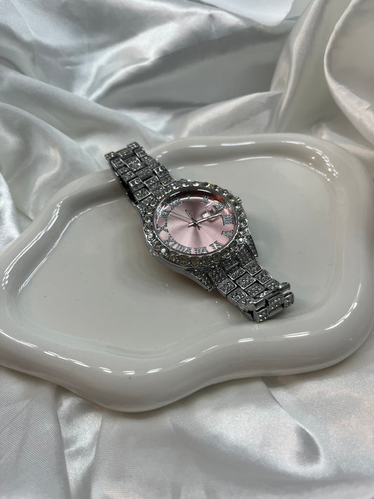 Silver Diamanté Pink face Watch