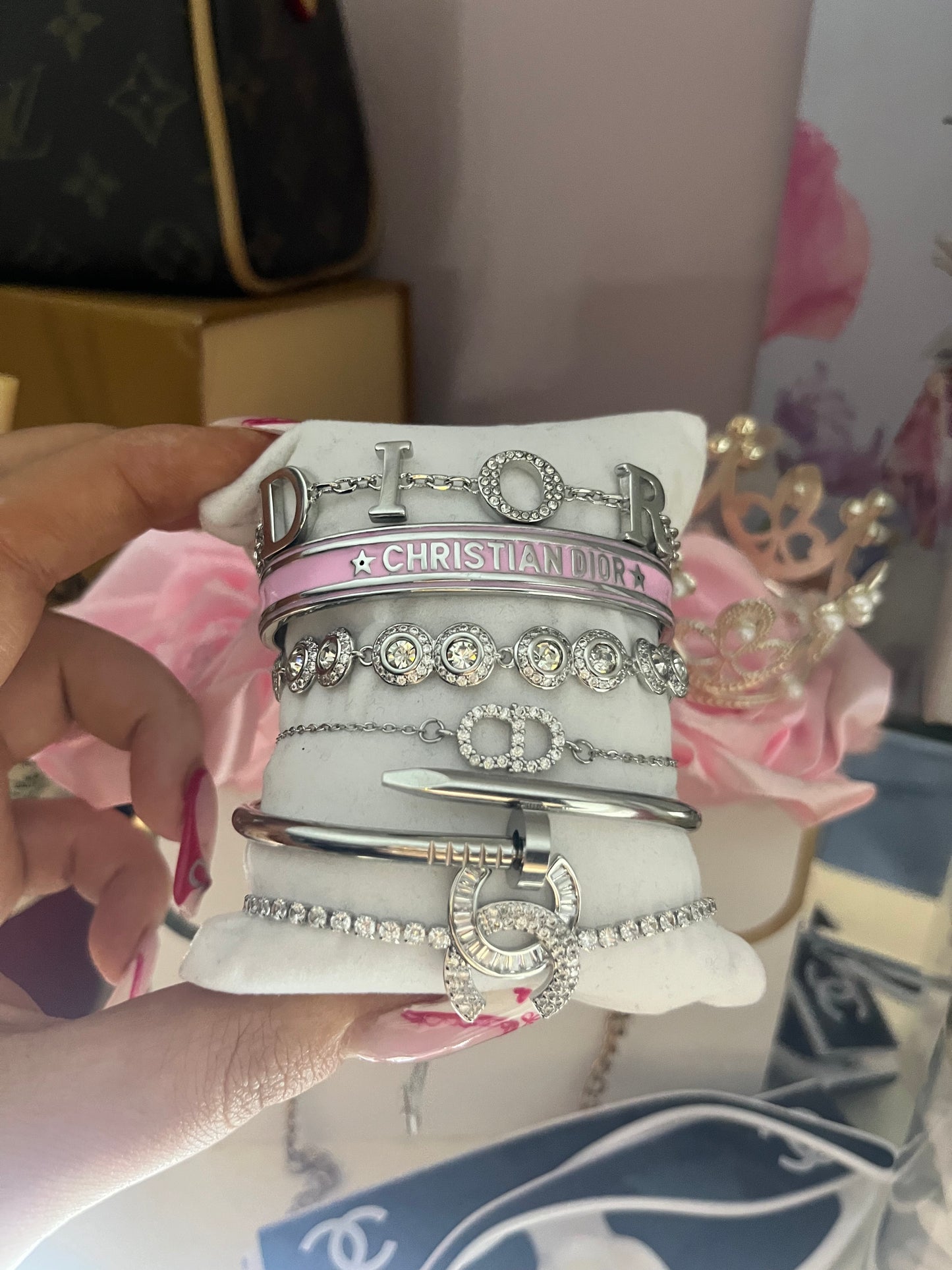 Silver pink diamanté bracelet stack