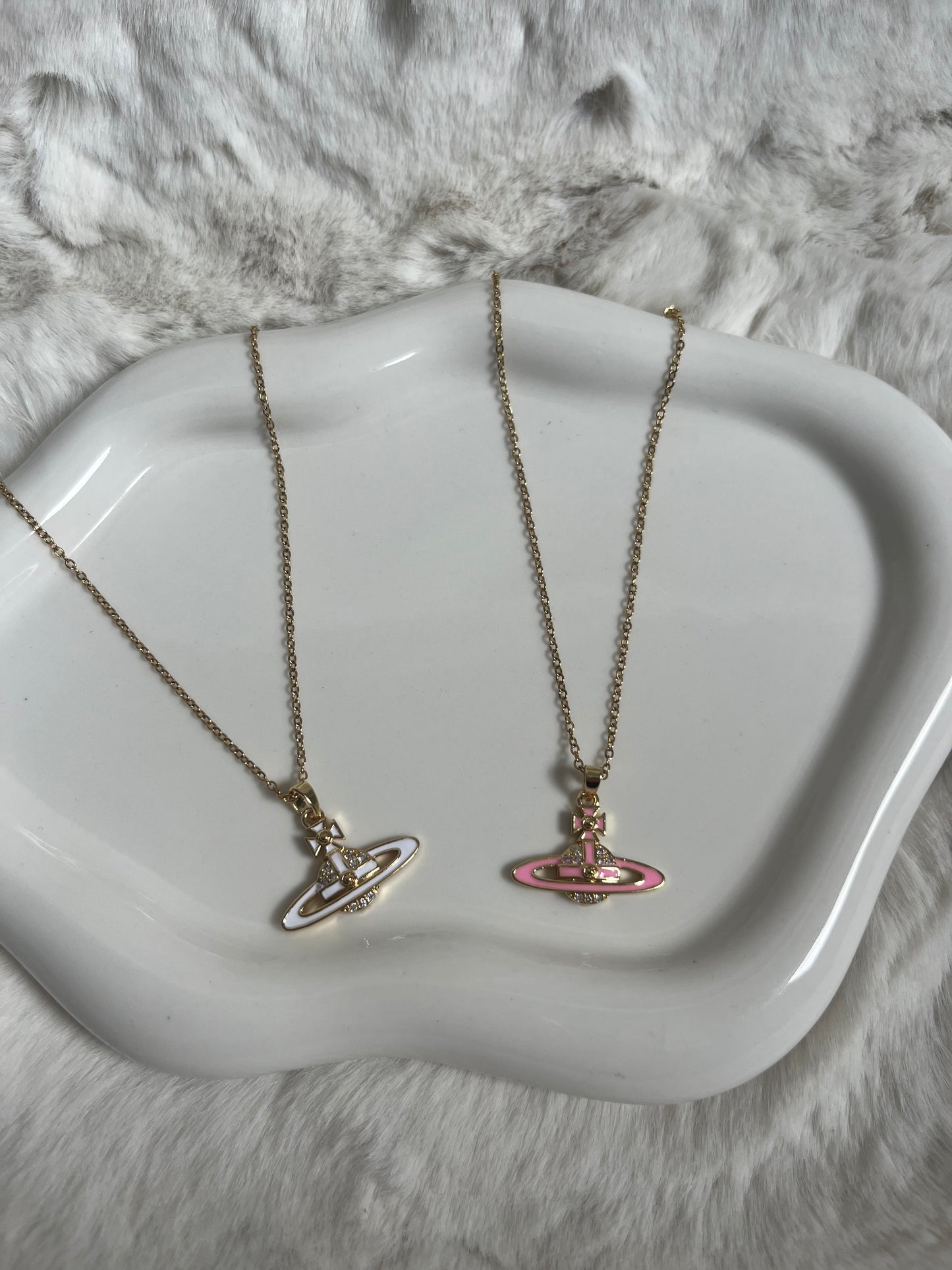 Gold white or pink diamanté planet necklace