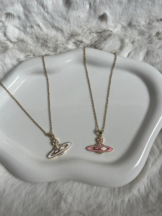 Gold white or pink diamanté planet necklace