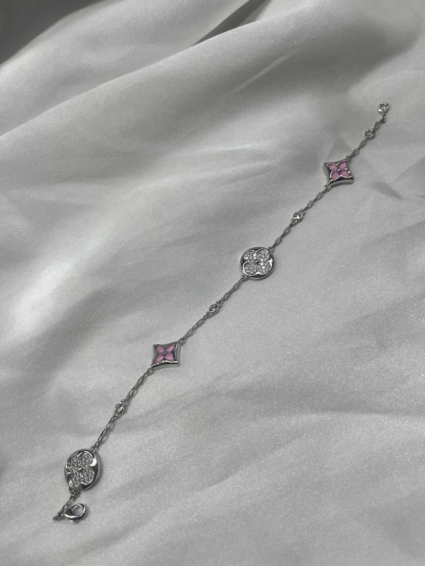 Silver pink diamanté clover bracelet