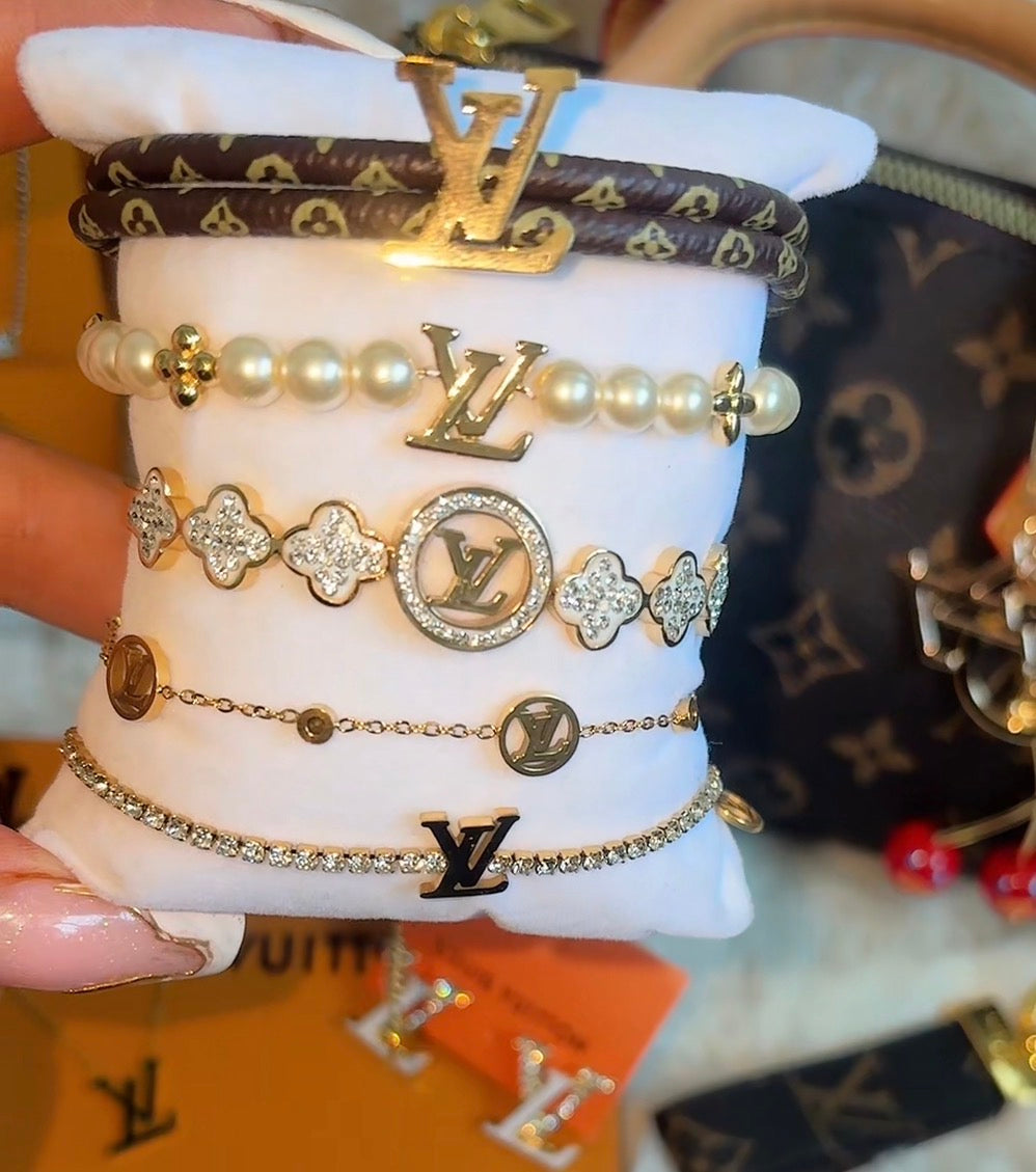 Gold Pearl diamanté brown Bracelet stack