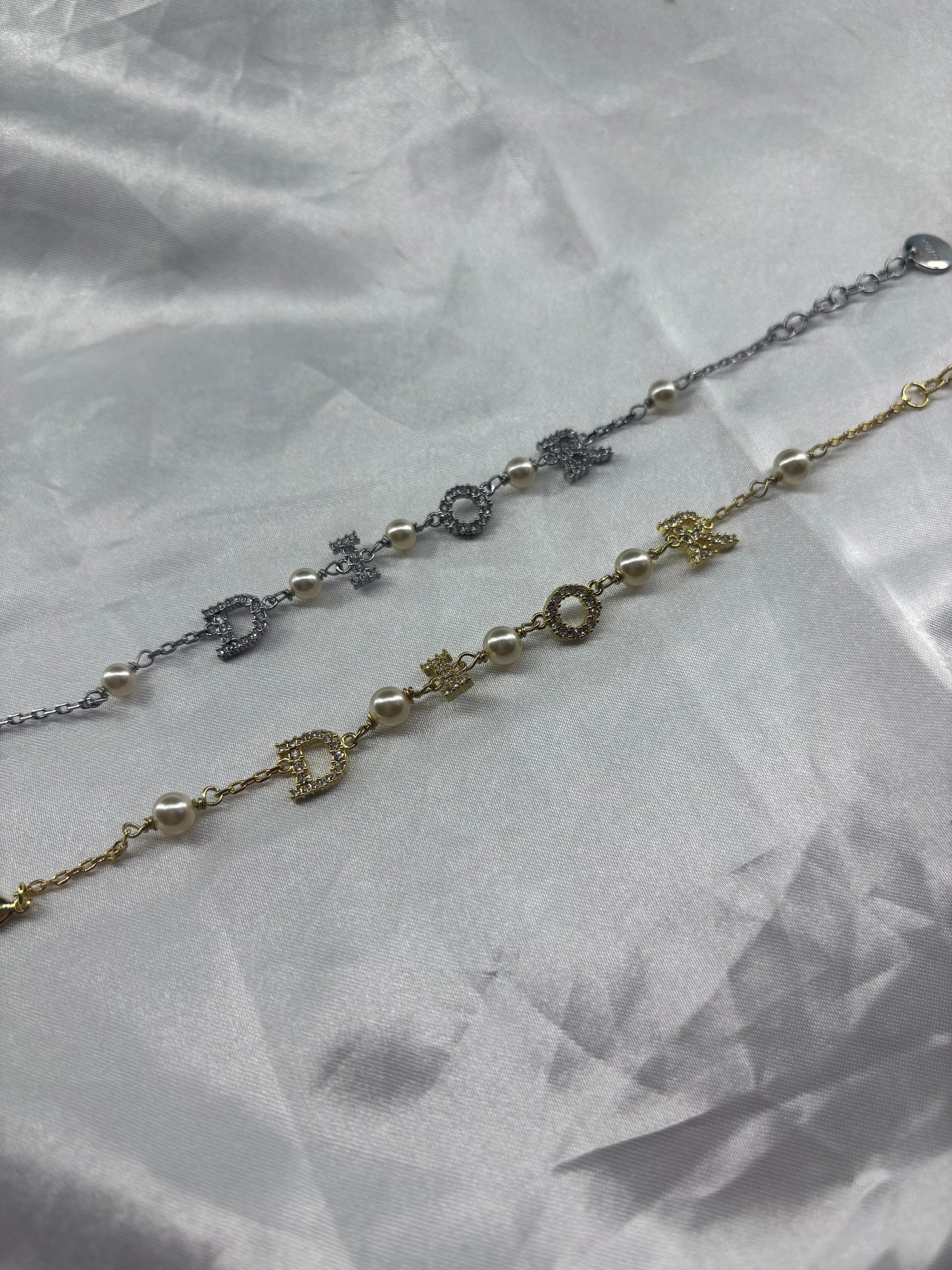 Gold or silver letter D pearl & Diamanté bracelet